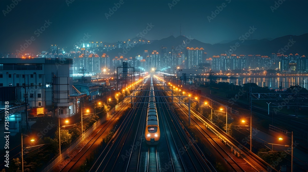 Night Train Passing Through Dazzling Seoul Cityscape