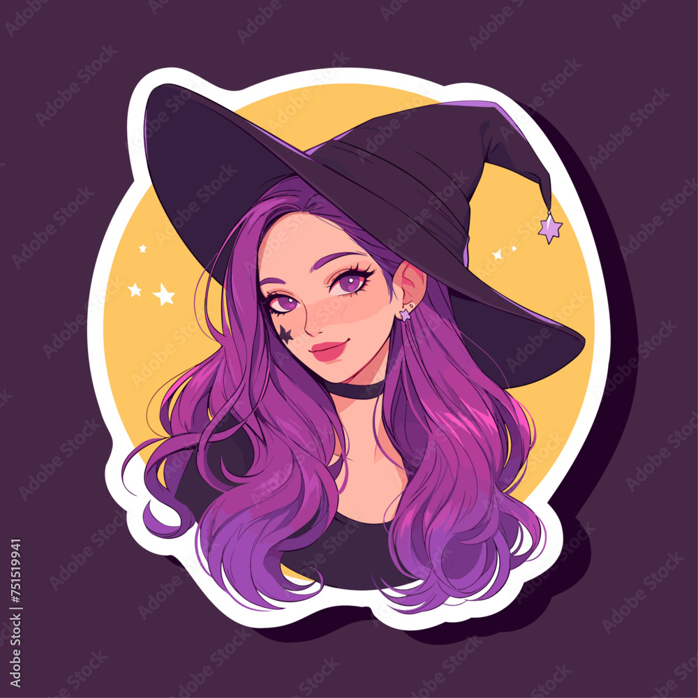 Vector illustration of beautiful cartoon style girl with long hair wearing black and purple witch costume with big hat cute witch with purple hair Vector illustration of beautiful cartoon style girl with long hair wearing black and purple witch costume with big hat cute witch with purple hair