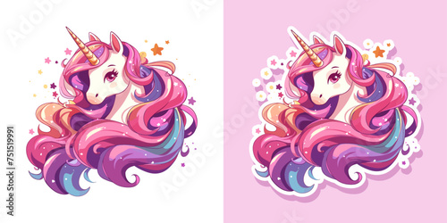Cute magical fairy unicorn rainbow pastel colors. Vector design sticker isolated on white background. Print for t-shirt or sticker. Romantic hand drawing illustration for children adorable pony	
