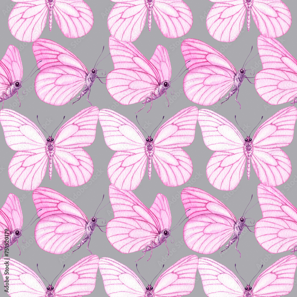 Watercolour Butterflies with pink wings illustration seamless pattern. On silver background. Hand-painted elements insect. Hand drawn delicate insects. For decoration, postcard, fabric, sketchbook