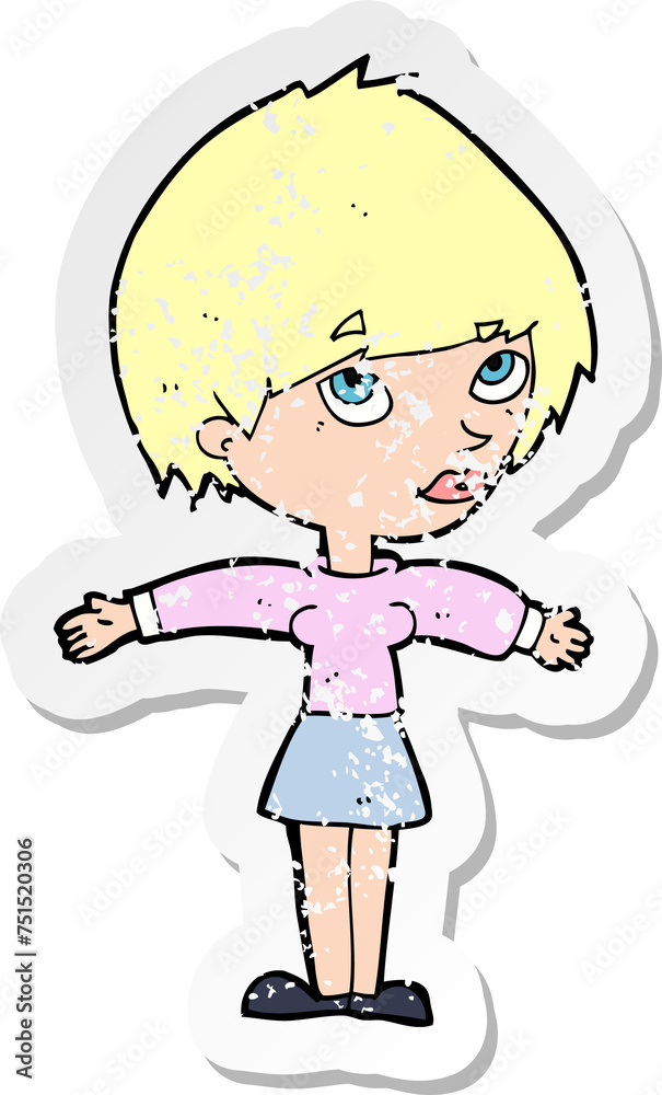 retro distressed sticker of a cartoon woman with open arms retro distressed sticker of a cartoon woman with open arms