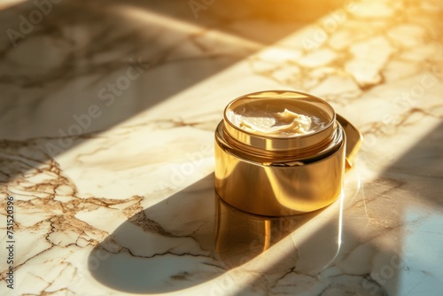 Open Golden Jar of Luxury Beauty Cream on a Marble Table