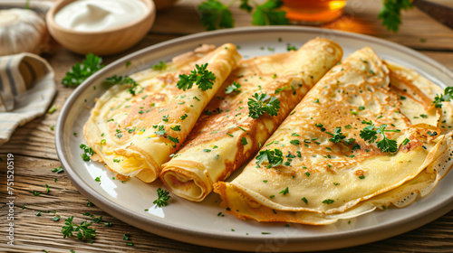 Plate of savory crepes with fillings 