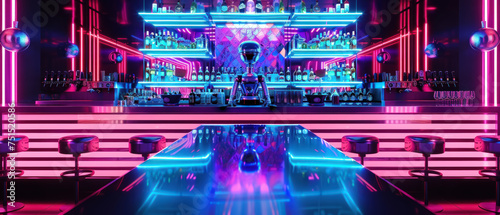 A neon bar with neon lights and neon colored stools © Pongsapak