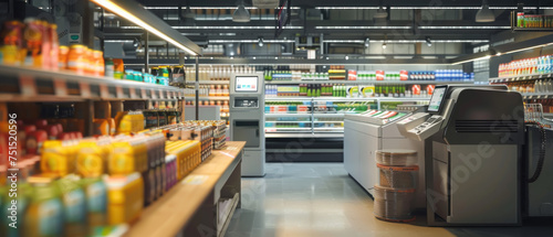 A grocery store with a checkout counter and a bin