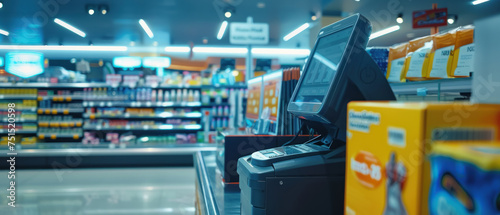 A store with a cash register and a sign that says 