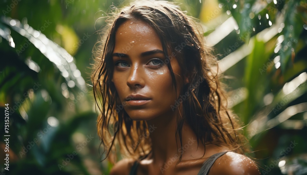 beautiful tanned girl with natural make-up and wet hair stands in the jungle among exotic plants.-up beautiful tanned girl with natural make-up and wet hair stands in the jungle among exotic plants.-up