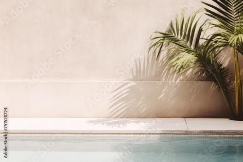 Calm poolside scene in minimalist style with palm leaf shadows reflecting on a white wall and water surface. Minimalist Poolside with Palm Shadows © Оксана Олейник