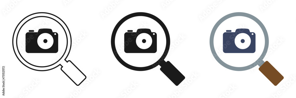 Set of camera icons in a magnifying glass. Vector illustration Set of camera icons in a magnifying glass. Vector illustration