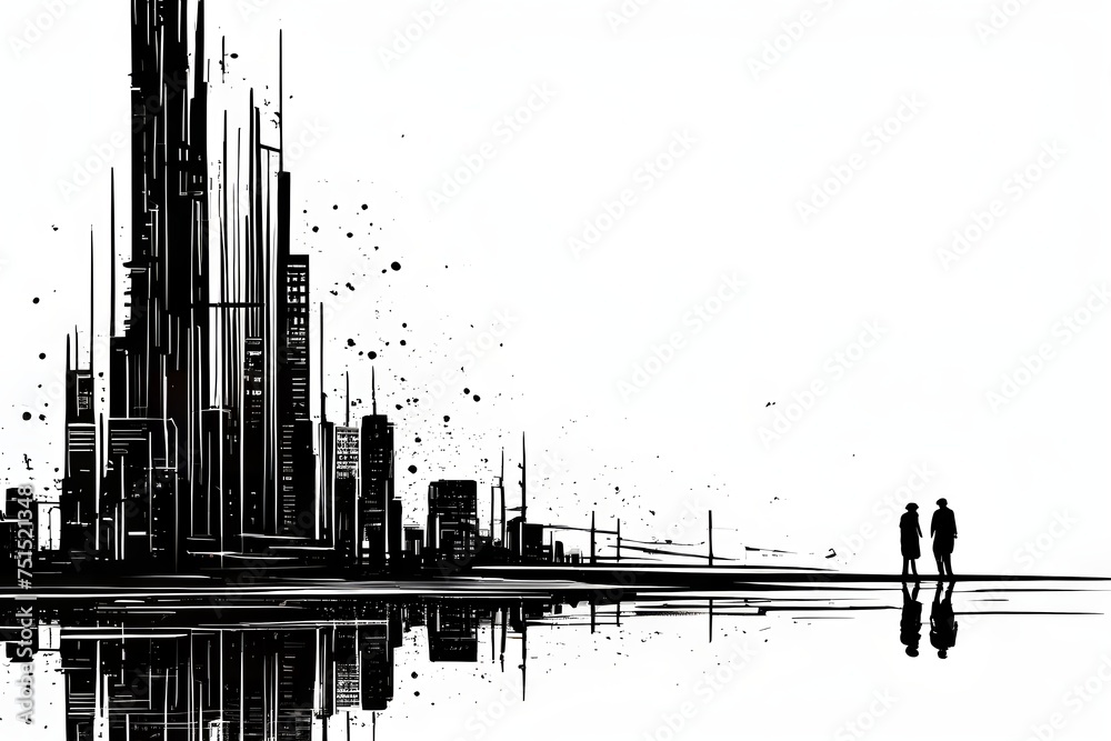 line art illustration skyline of skyscrapers