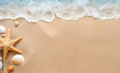 Summer sand beach with seashells and starfish  copy space background