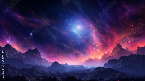 Cosmic landscape with nebula and stars in the background and mountains in the foreground wallpaper