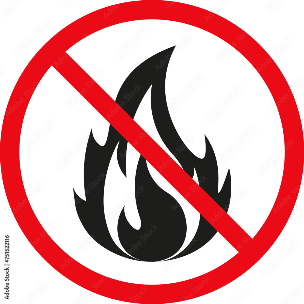 Fire prohibition sign. No fire. Crossed out circle sign with flame. Vector. Flat design. Fire prohibition sign. No fire. Crossed out circle sign with flame. Vector. Flat design.
