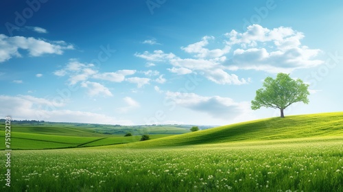 Beautiful summer nature landscape with green trees, lonely tree among green fields with Green grassland and blue sky