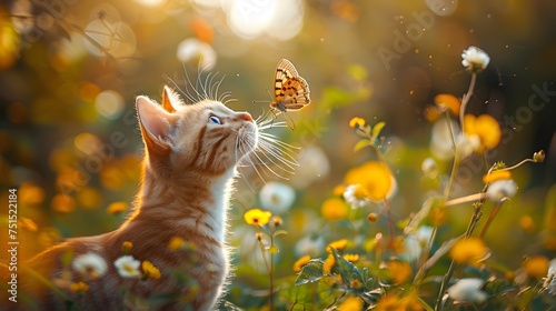 Cute and Playful Cat Gazing at a Butterfly in a Field