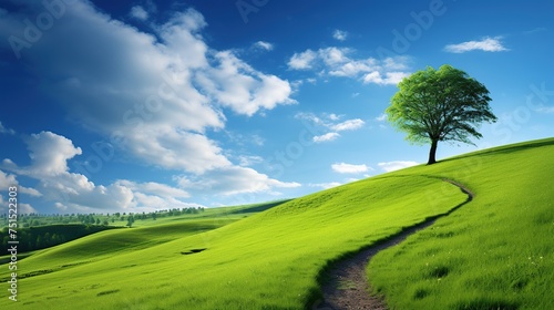 Beautiful summer nature landscape with green trees, lonely tree among green fields with Green grassland and blue sky