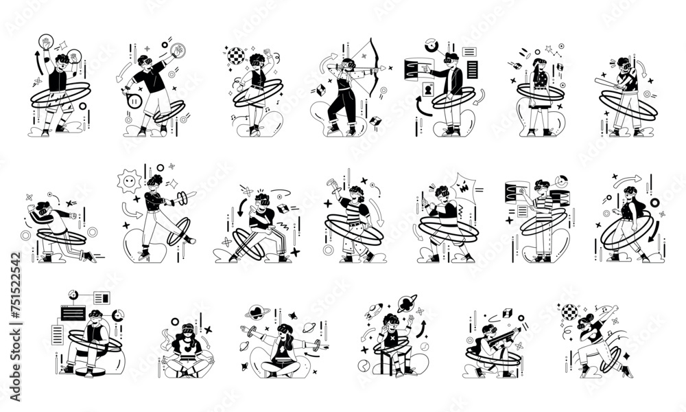 Fototapeta premium Vector Virtual Reality Cartoon Characters Set Illustration Isolated