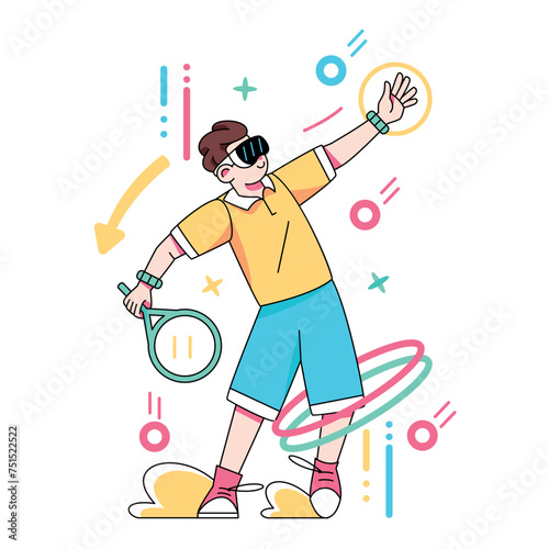 Vector Man Playing Tennis Virtual Reality Cartoon Illustration Isolated