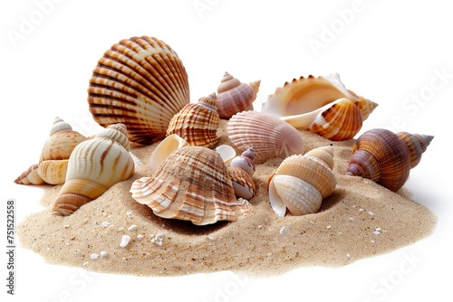 The sand and sea shells are isolated