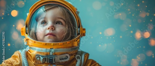 A little girl in an astronaut costume is playing and dreaming of becoming a spaceman. Portrait of a funny kid against a bright blue wall. photo