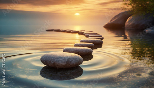 Tranquil sunset over Zen path with smooth stones above water, symbolizing peace and the promise of a bright future photo