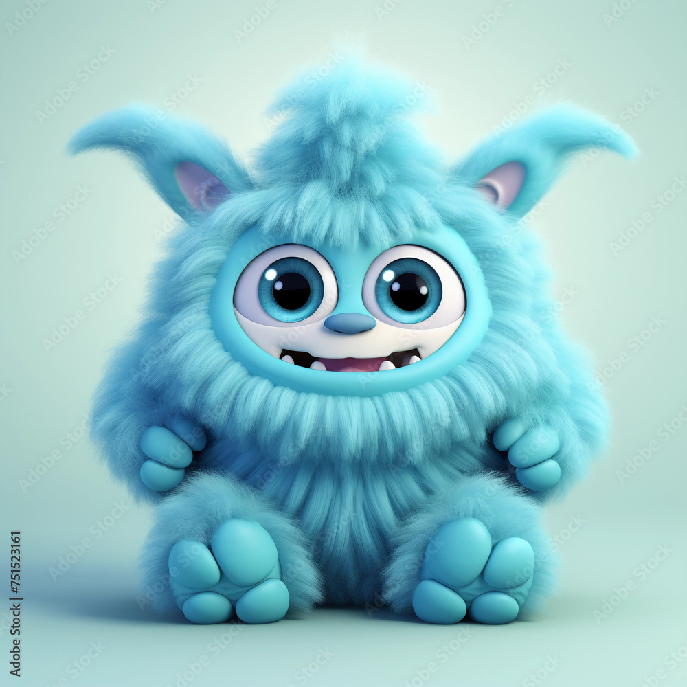 Cute blue furry monster 3D cartoon character 