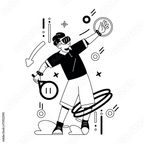 Vector Man Playing Tennis Virtual Reality Cartoon Illustration Isolated