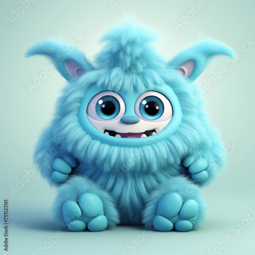 Cute blue furry monster 3D cartoon character 