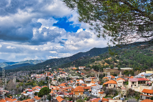 View of the historic mountain village of Foini (also spelled Phini), Lemesos (Limassol) district, Cyprus, in the Troodos mountain range 