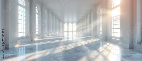 This 3D rendering shows an interior of a white modern space with a long corridor