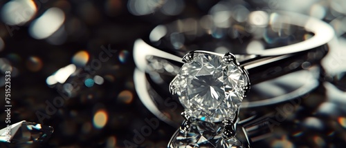 Jewelry diamond ring on black background. Close up view. Wedding content with Copy Space.