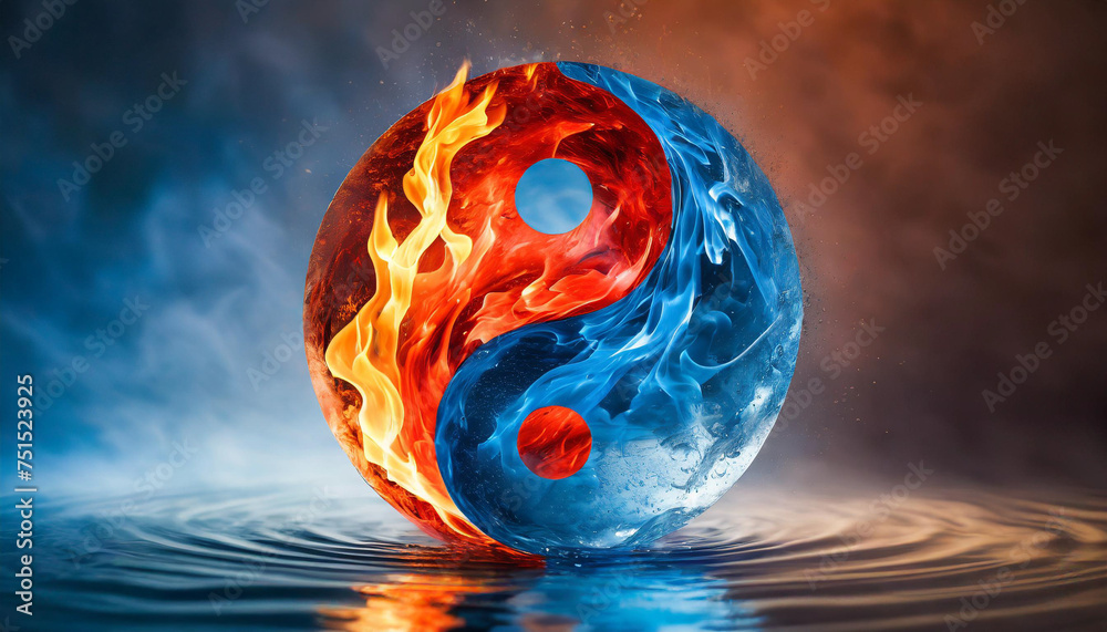 Yin yang symbol with red fire and blue water elements on clean ...