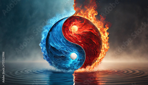 Yin yang symbol with red fire and blue water elements on clean background, representing balance and harmony. Stock photo for concepts of contrast and equilibrium