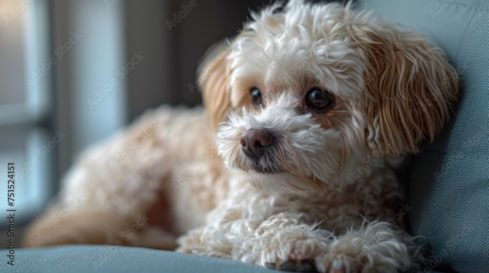 A cute maltipoo dog resting on comfortable sofa at home. A cute maltipoo dog resting on comfortable sofa at home.