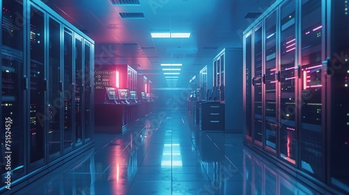 A laboratory with computers and servers. Sci-fi city at night with neon lights and computer screens in the foreground. photo
