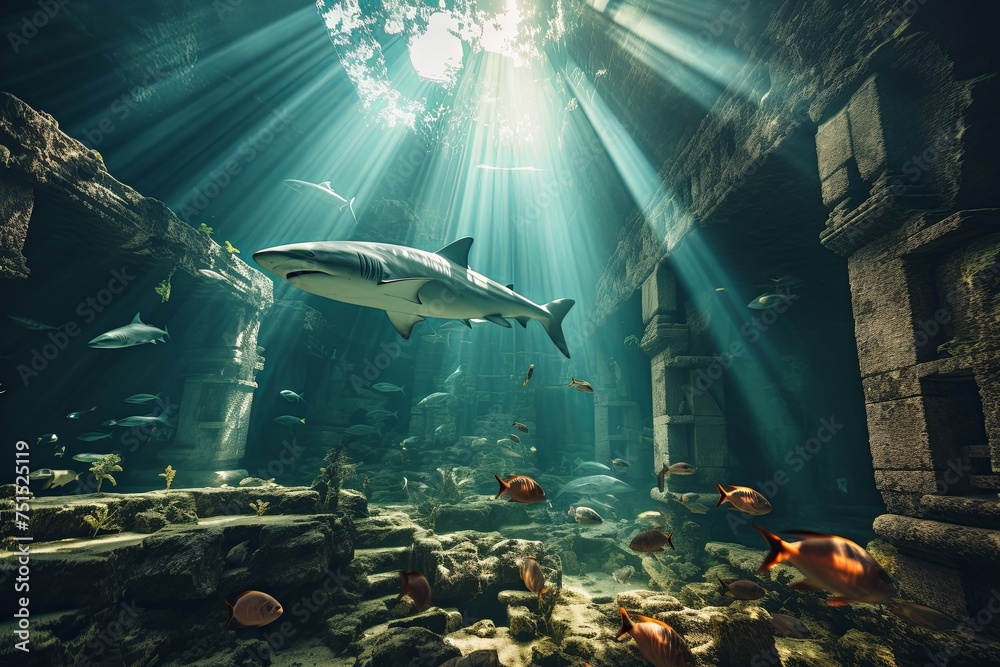 Naklejka premium Sharks swimming amidst the ruins of an ancient underwater city