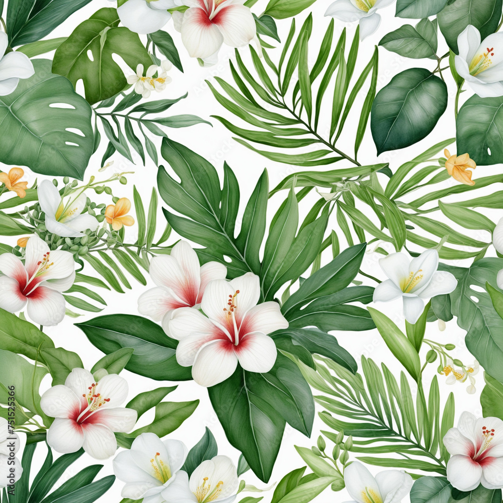 Fototapeta Watercolor of Tropical spring floral green leaves and flowers isolated on transparent background, bouquets greeting or wedding card decoration