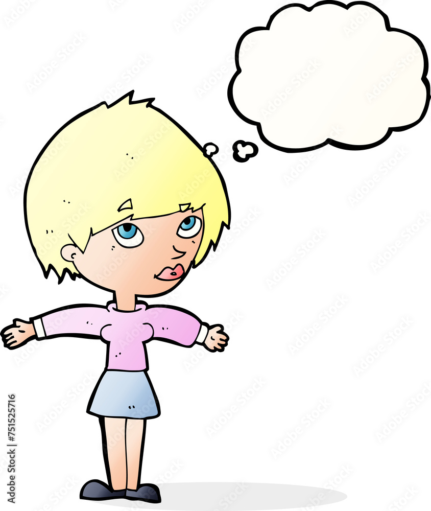 cartoon woman with open arms with thought bubble cartoon woman with open arms with thought bubble