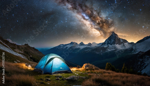 Camping beneath starlit skies, distant blue tent amidst dark mountain landscape © Your Hand Please