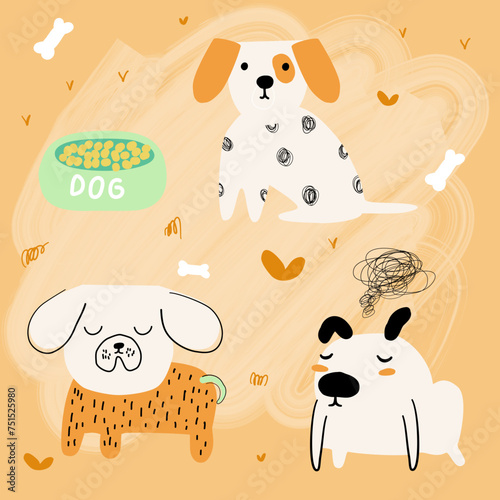 Childish seamless pattern of hand drawn cute dog bone and dog feeding bowl suitable for children's clothing, bed sheets and home decorations, stationery, prints, greeting cards and gift wrap