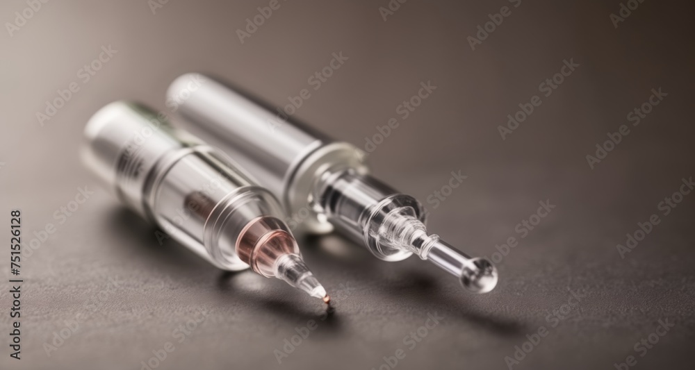 Two syringes with a drop of liquid, ready for use Two syringes with a drop of liquid, ready for use