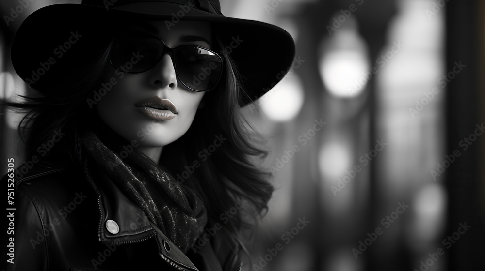 Shadowed mystery: A mysterious woman exudes confidence in a black hat and sunglasses, her identity concealed as she embraces the allure of secrecy and sophistication Shadowed mystery: A mysterious woman exudes confidence in a black hat and sunglasses, her identity concealed as she embraces the allure of secrecy and sophistication