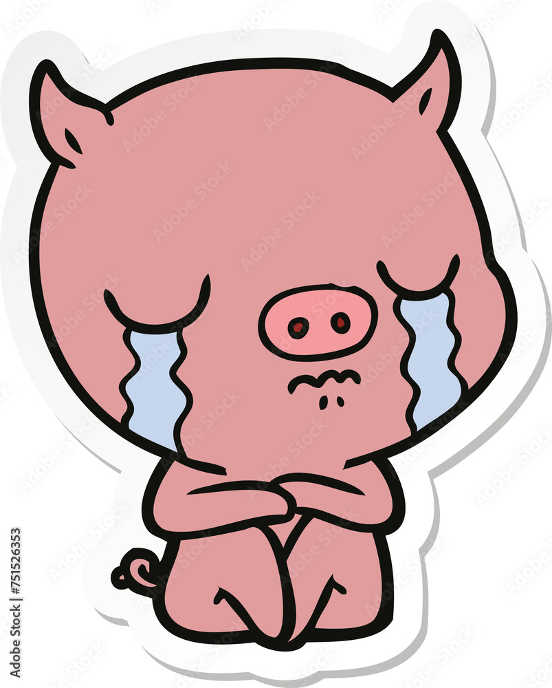 sticker of a cartoon sitting pig crying sticker of a cartoon sitting pig crying