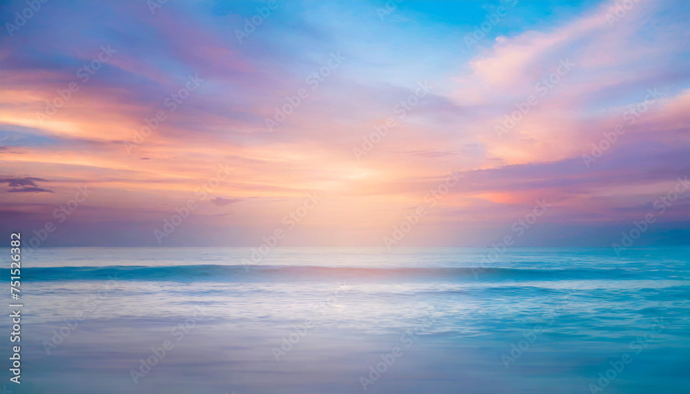 Blurred sunset sky and ocean, pastel colors, serene nature background