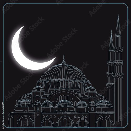 Islamic concept illustration. Mosque and crescent moon. Ramadan kareem or laylat al-qadr or kadir gecesi concept.