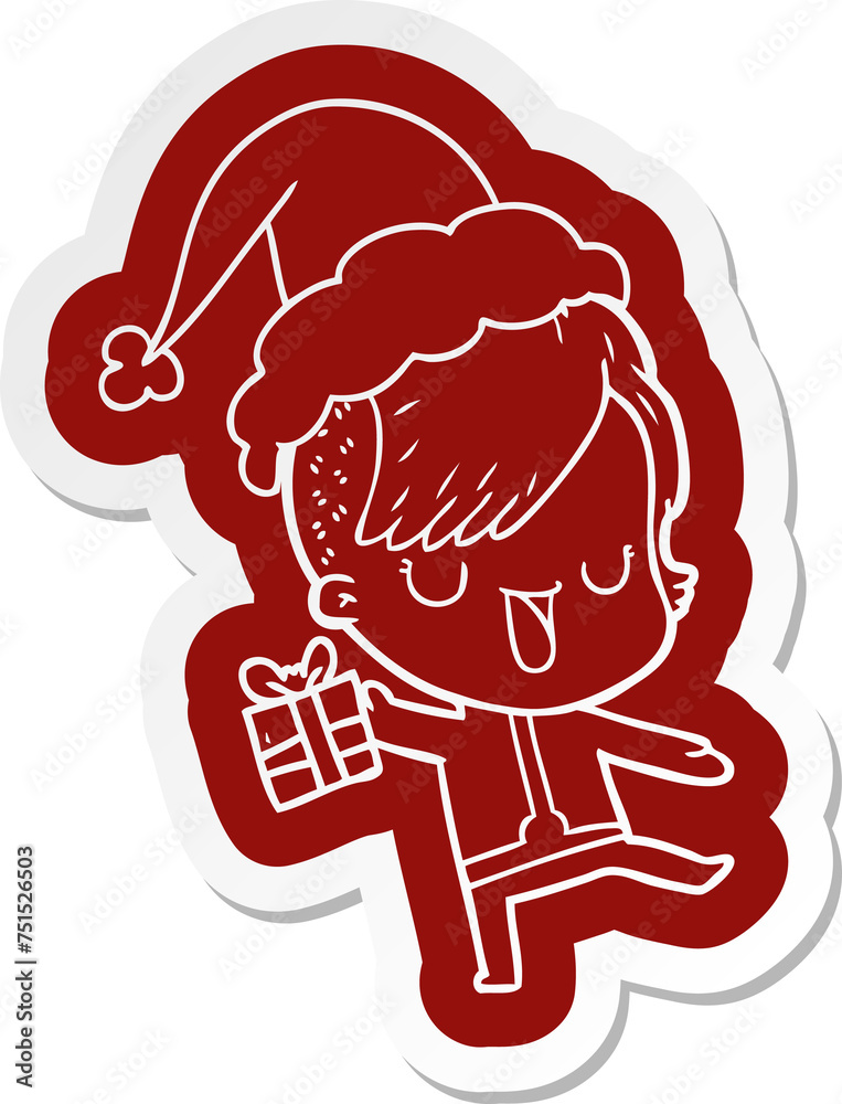 cute cartoon sticker of a girl with hipster haircut wearing santa hat cute cartoon sticker of a girl with hipster haircut wearing santa hat