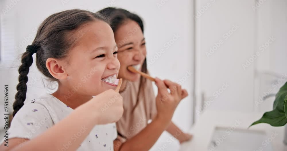 Mother, girl child and brushing teeth in bathroom, health and dental for fresh breathe, bonding and morning routine. People at home, cleaning mouth with toothpaste and toothbrush for oral hygiene