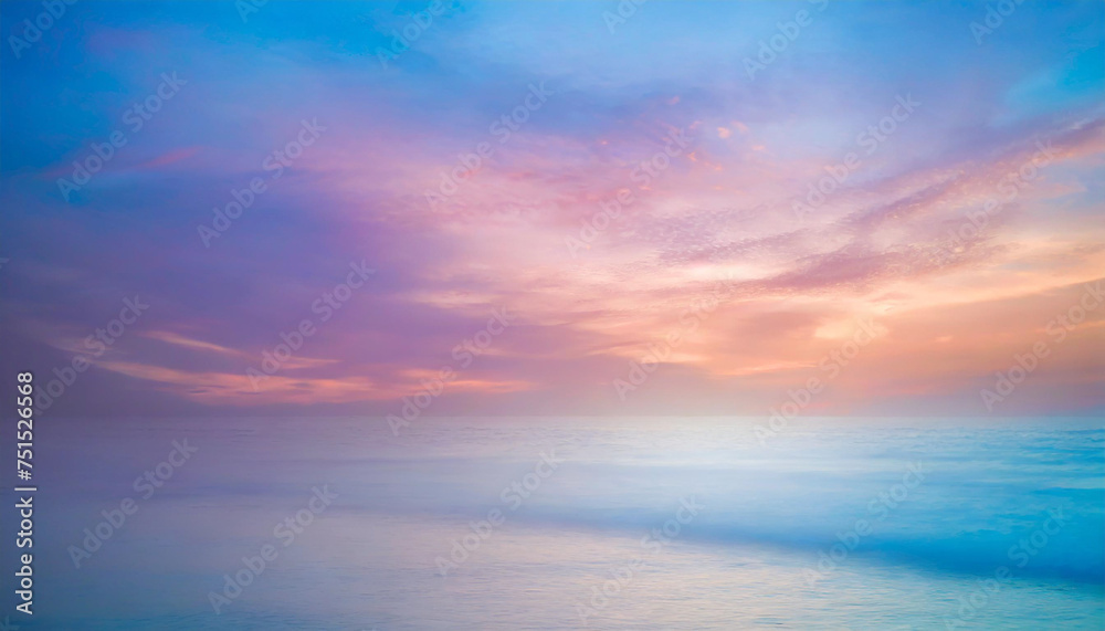 Blurred sunset sky and ocean, pastel colors, serene nature background