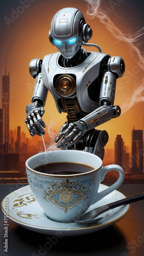 The robot pours and serves coffee in a cup. Concept of an automatic robotic coffee shop.