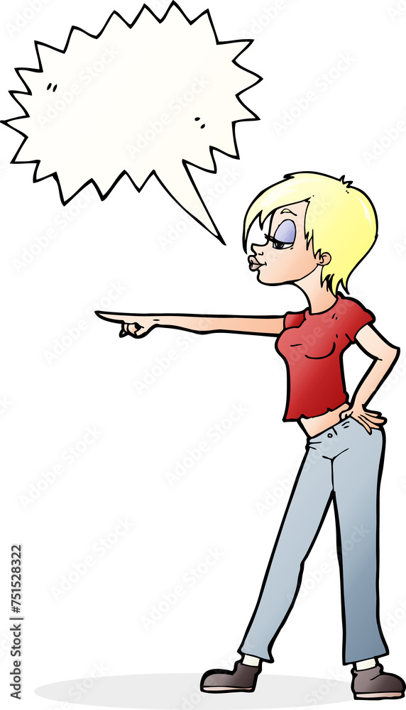 cartoon hip woman pointing with speech bubble cartoon hip woman pointing with speech bubble